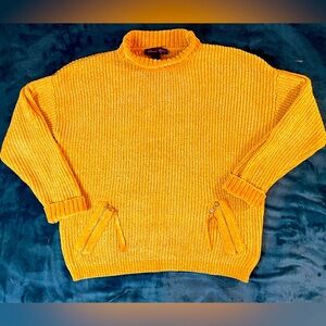 Elena Wang Womens Sweater Sm Mustard Yellow Mock Neck Ribbed Decorative Pockets